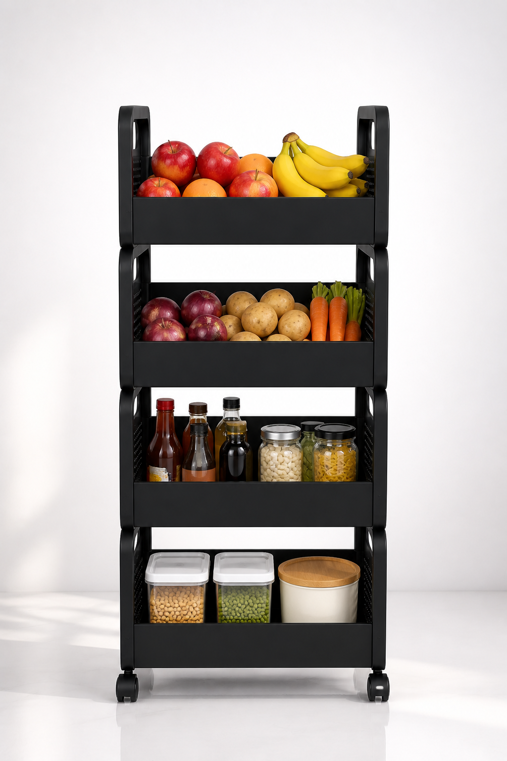 4 Tier Rolling Kitchen Storage Trolley with Wheels | Multi-Purpose Organizer Metal Rack for Fruits, Vegetables & Household Storage