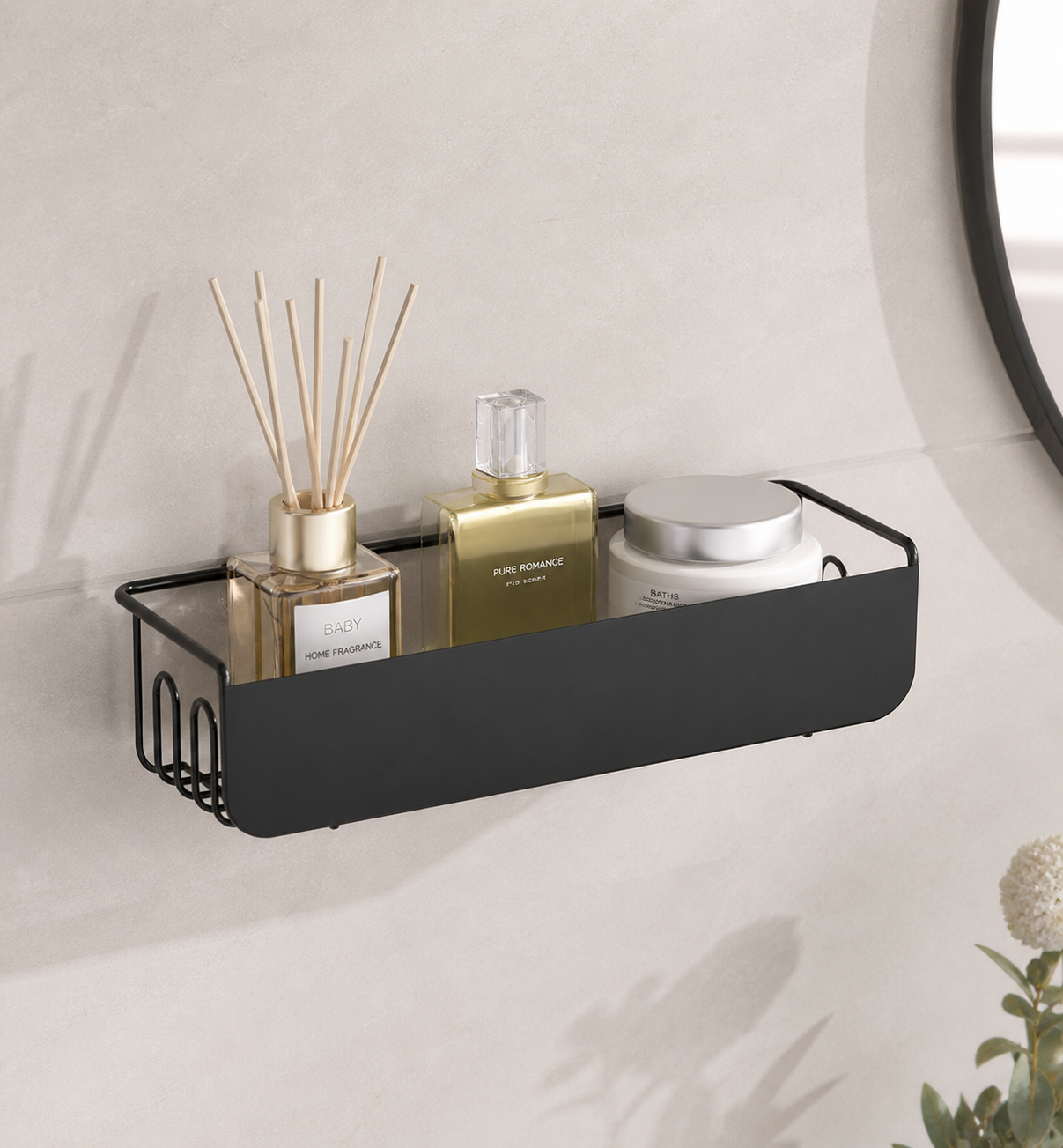 Wall Mounted Bathroom Shelf with Soap Holder | No Drill Adhesive Storage Rack | Rustproof Metal Organizer for Shampoo & Accessories