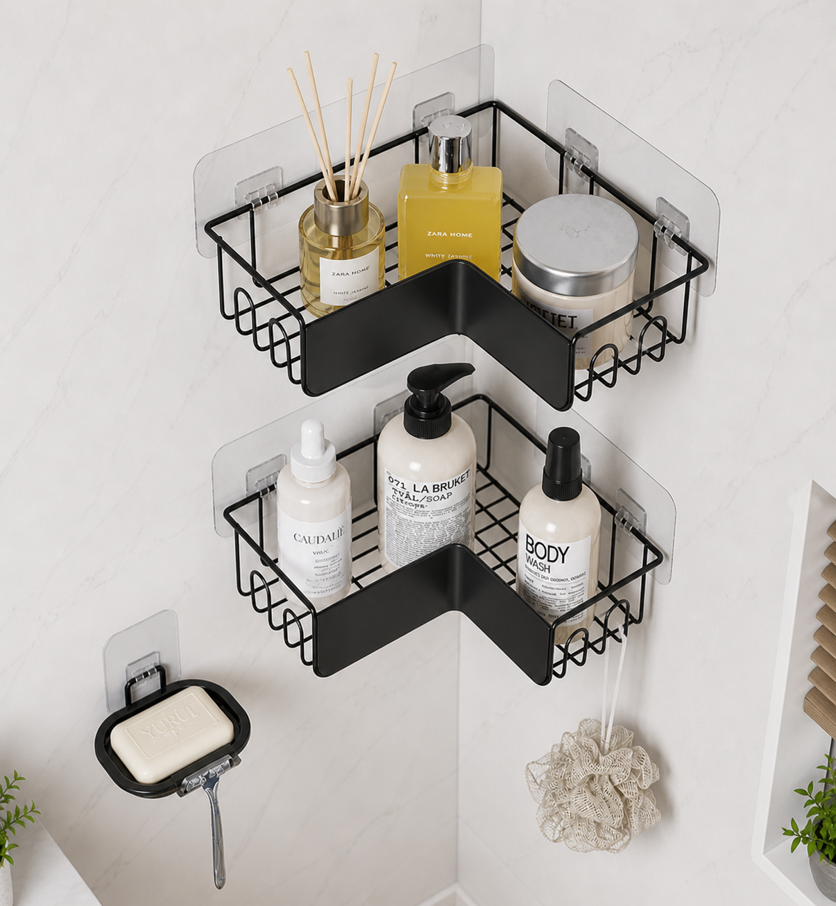 2 level Corner Bathroom Shelf Organizer with Soap Holder | No Drill Adhesive Wall Mount Storage Rack | Space Saving Metal Shower Shelf