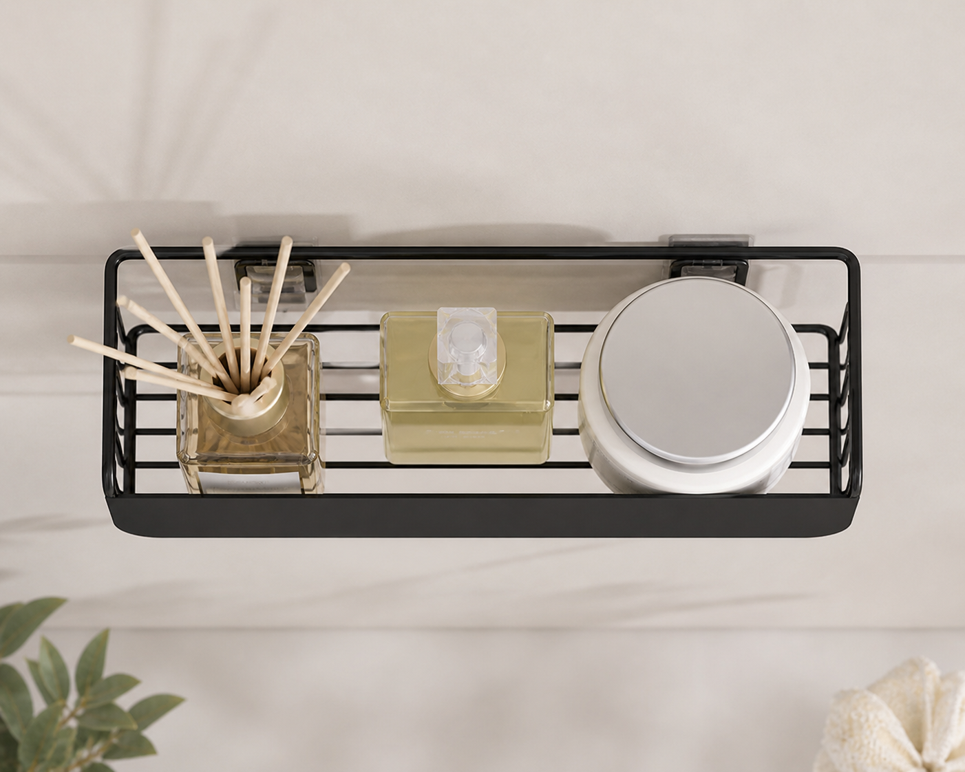 Wall Mounted Bathroom Shelf with Soap Holder | No Drill Adhesive Storage Rack | Rustproof Metal Organizer for Shampoo & Accessories