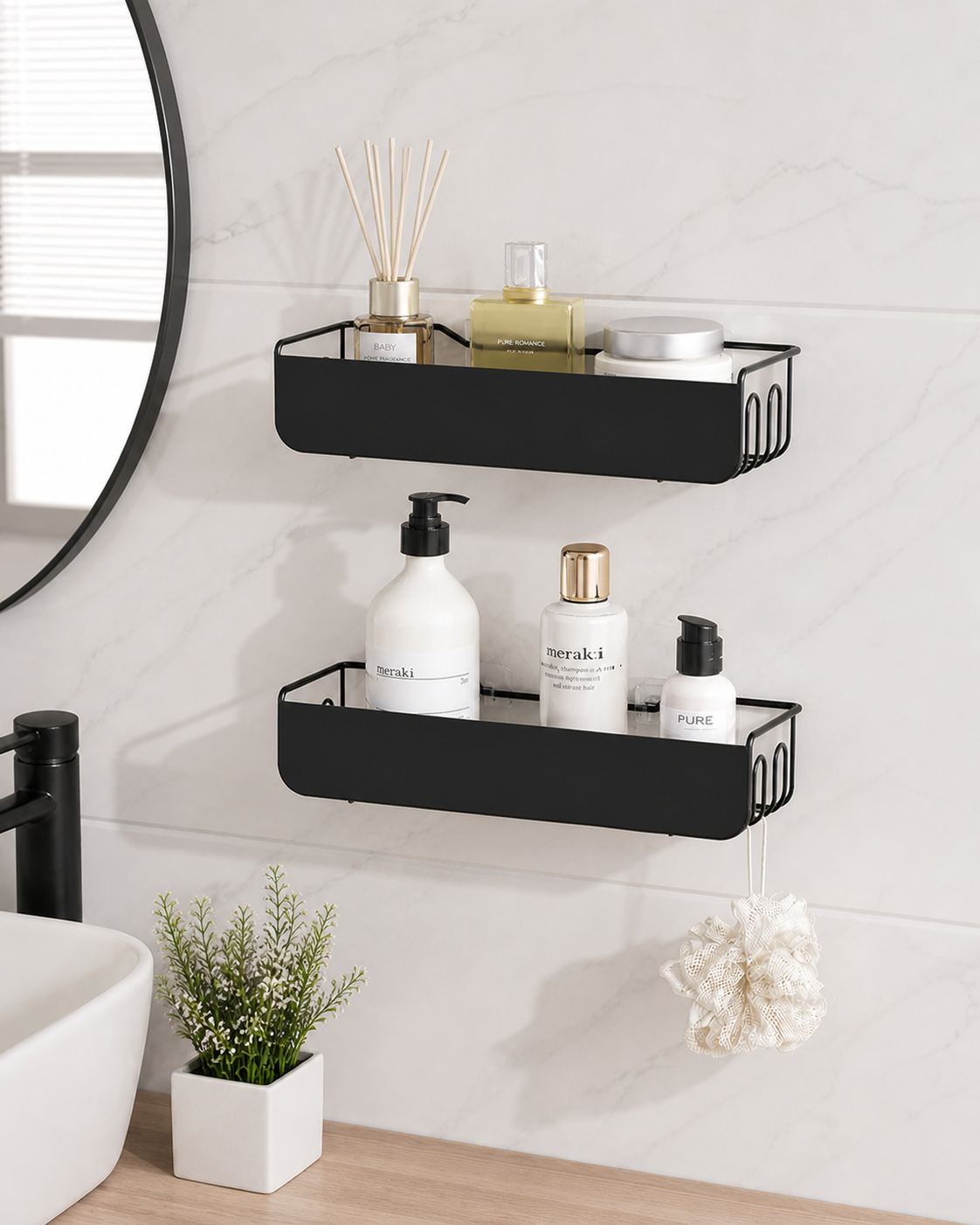 Wall Mounted Bathroom Shelf with Soap Holder | No Drill Adhesive Storage Rack | Rustproof Metal Organizer for Shampoo & Accessories