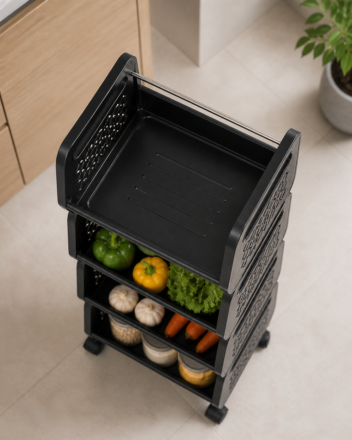 4 Tier Rolling Storage Trolley with Wheels | Multi-Purpose Kitchen Organizer Rack for Fruits, Vegetables & Household Storage