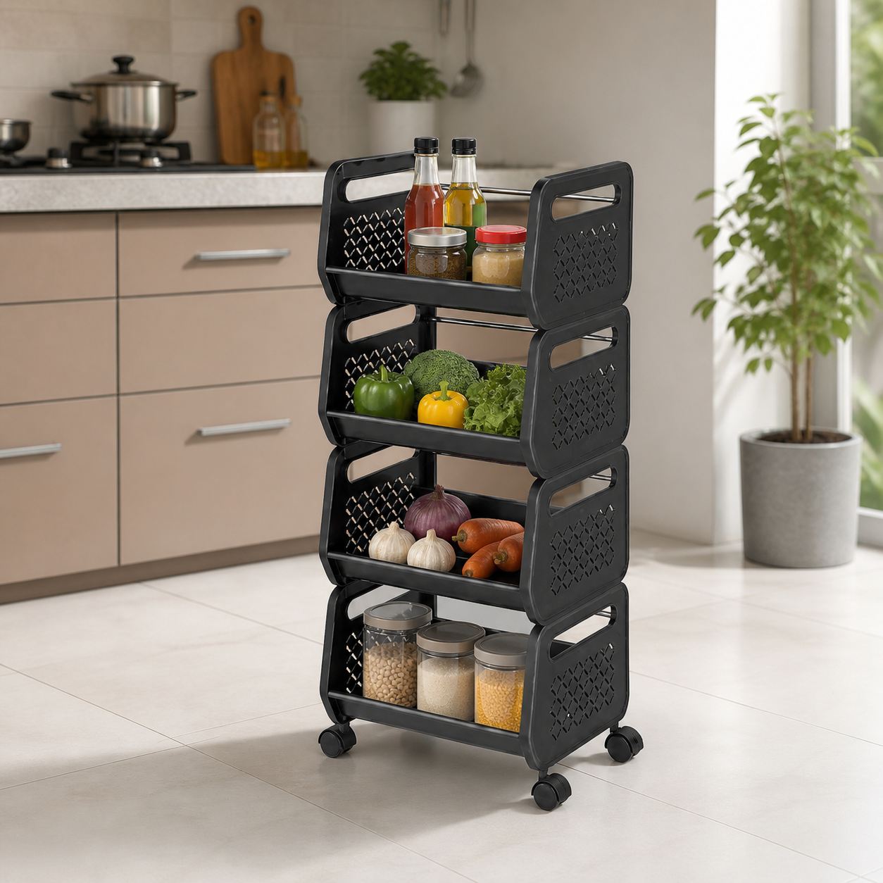 4 Tier Rolling Storage Trolley with Wheels | Multi-Purpose Kitchen Organizer Rack for Fruits, Vegetables & Household Storage