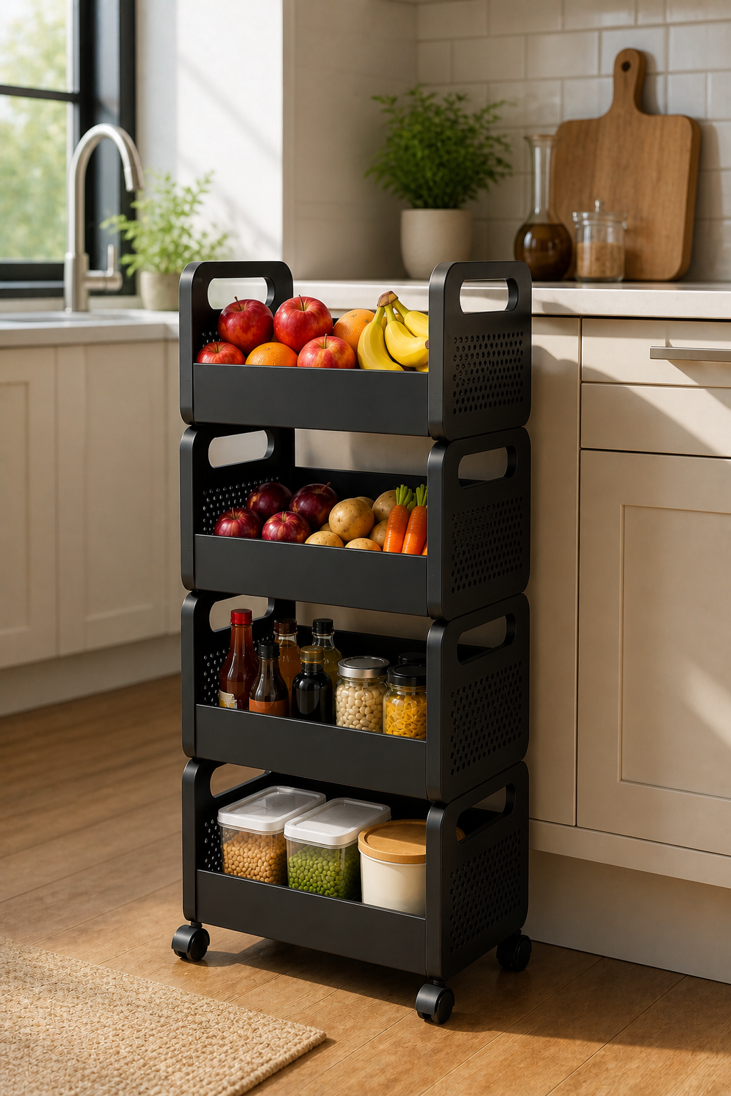 4 Tier Rolling Kitchen Storage Trolley with Wheels | Multi-Purpose Organizer Metal Rack for Fruits, Vegetables & Household Storage