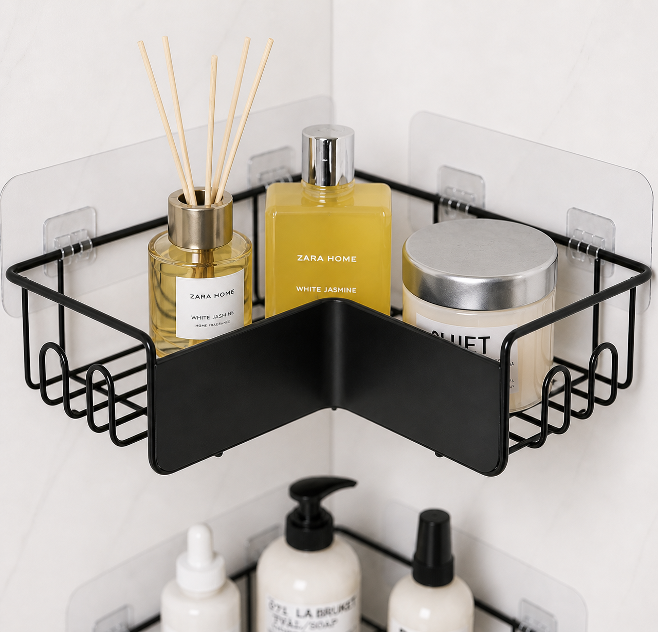 2 level Corner Bathroom Shelf Organizer with Soap Holder | No Drill Adhesive Wall Mount Storage Rack | Space Saving Metal Shower Shelf