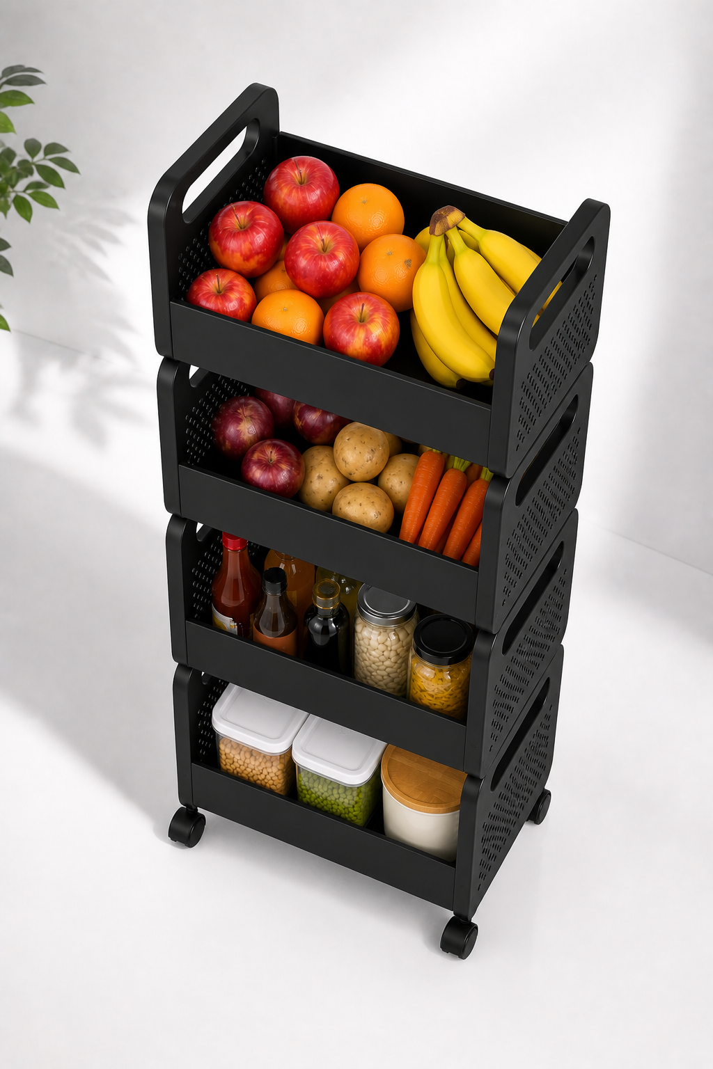 4 Tier Rolling Kitchen Storage Trolley with Wheels | Multi-Purpose Organizer Metal Rack for Fruits, Vegetables & Household Storage