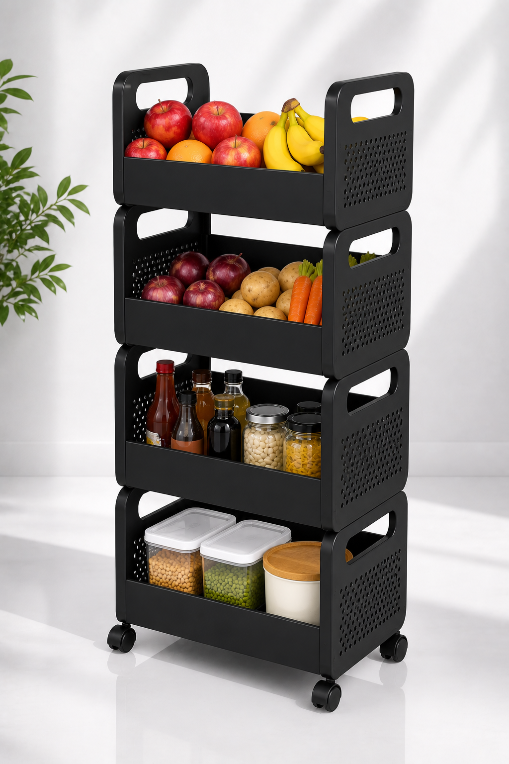4 Tier Rolling Kitchen Storage Trolley with Wheels | Multi-Purpose Organizer Metal Rack for Fruits, Vegetables & Household Storage