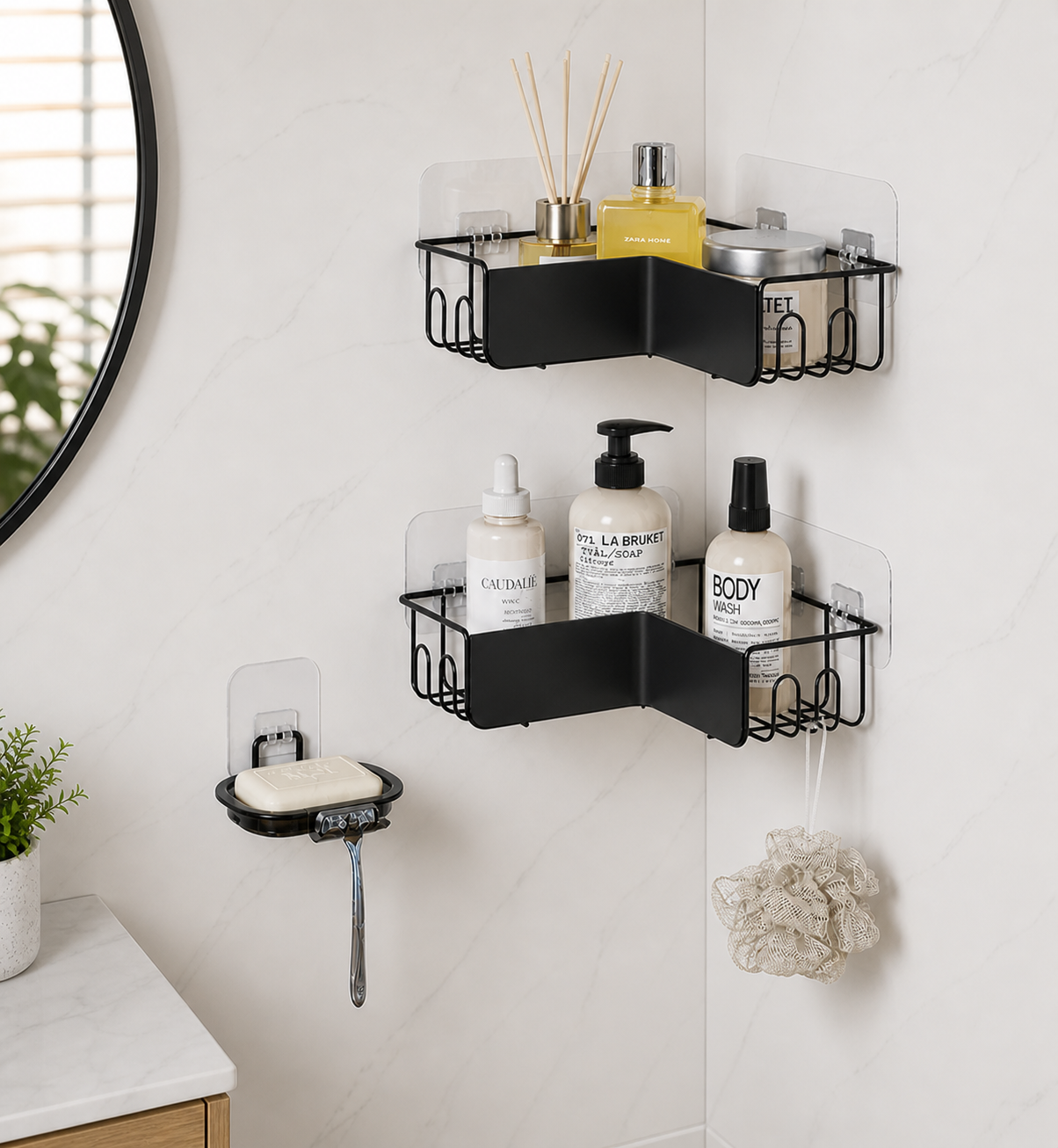 2 level Corner Bathroom Shelf Organizer with Soap Holder | No Drill Adhesive Wall Mount Storage Rack | Space Saving Metal Shower Shelf