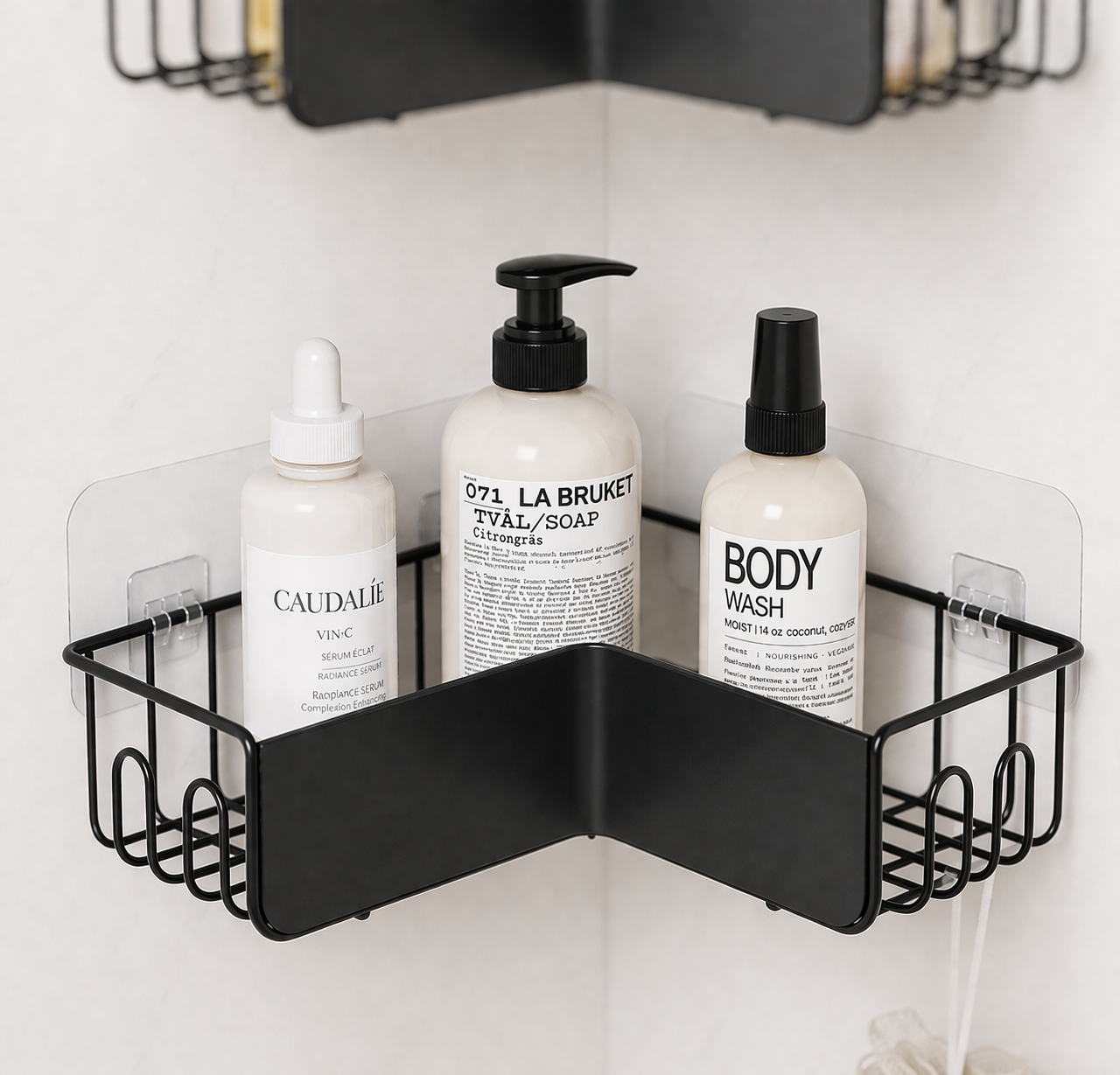 2 level Corner Bathroom Shelf Organizer with Soap Holder | No Drill Adhesive Wall Mount Storage Rack | Space Saving Metal Shower Shelf