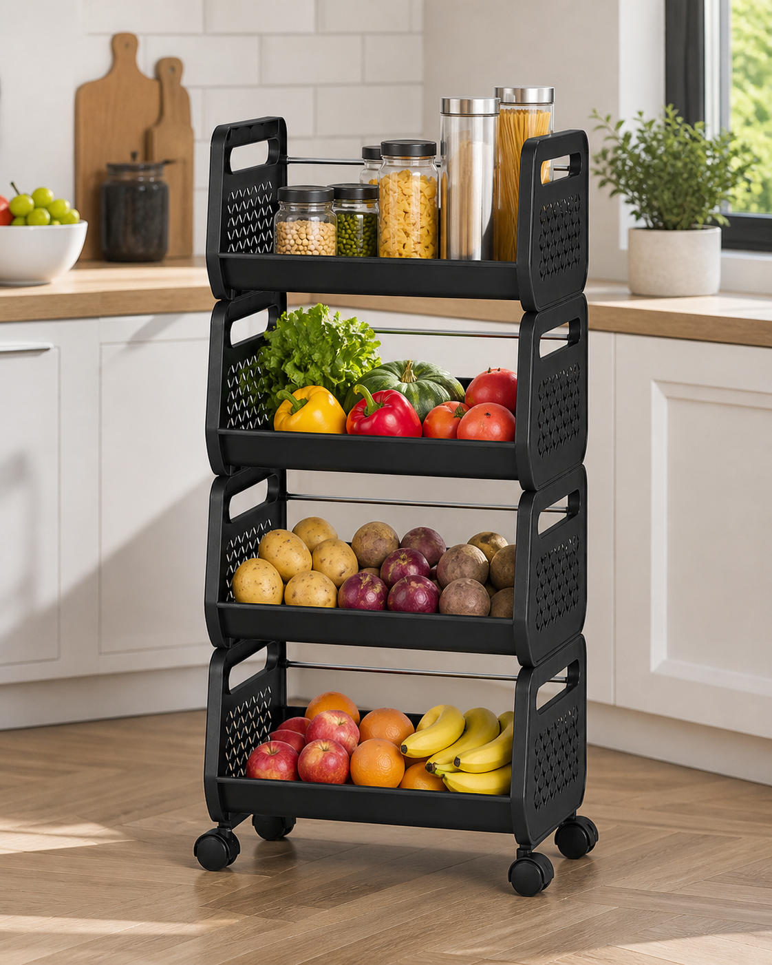 4 Tier Rolling Storage Trolley with Wheels | Multi-Purpose Kitchen Organizer Rack for Fruits, Vegetables & Household Storage