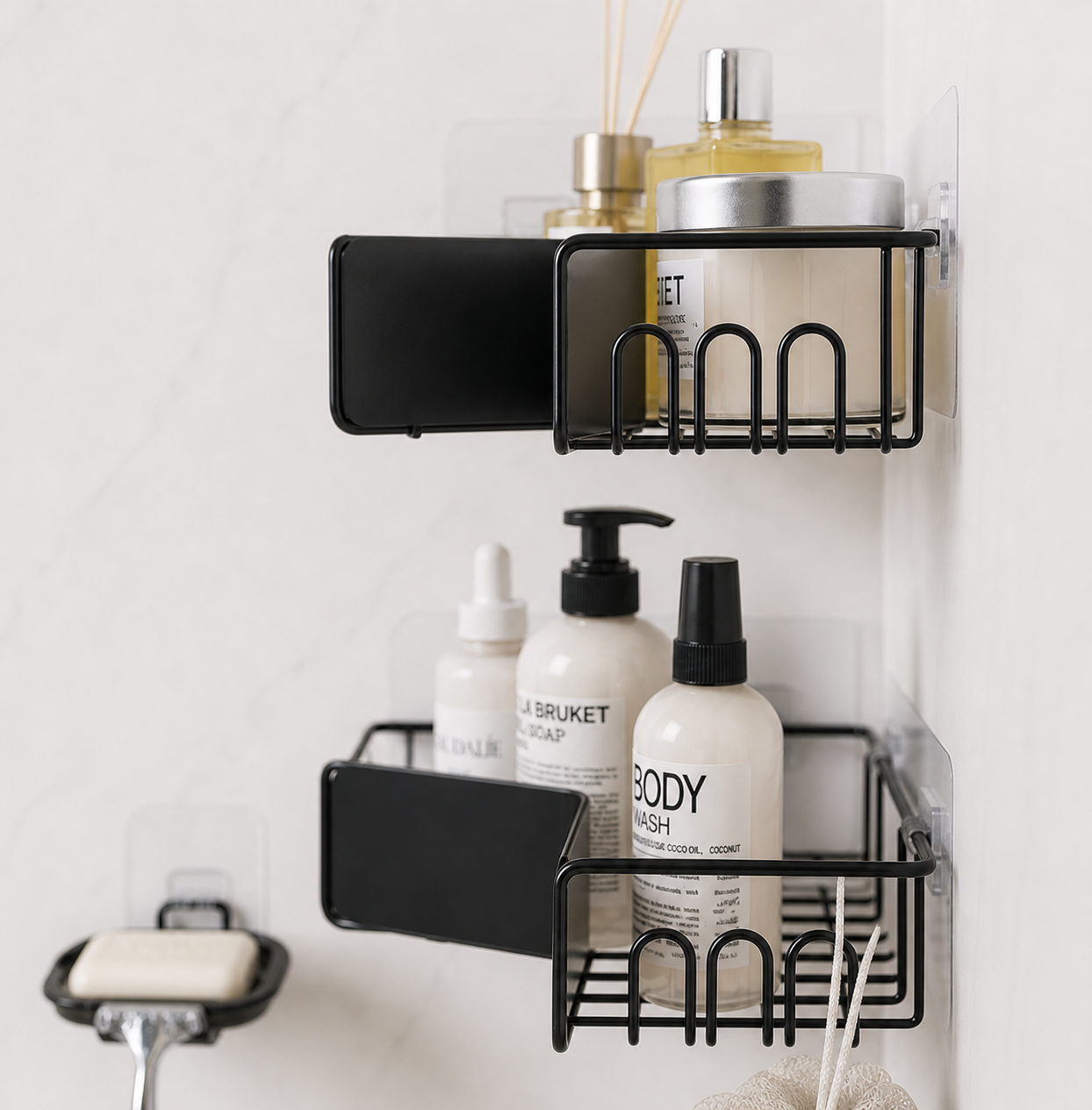2 level Corner Bathroom Shelf Organizer with Soap Holder | No Drill Adhesive Wall Mount Storage Rack | Space Saving Metal Shower Shelf