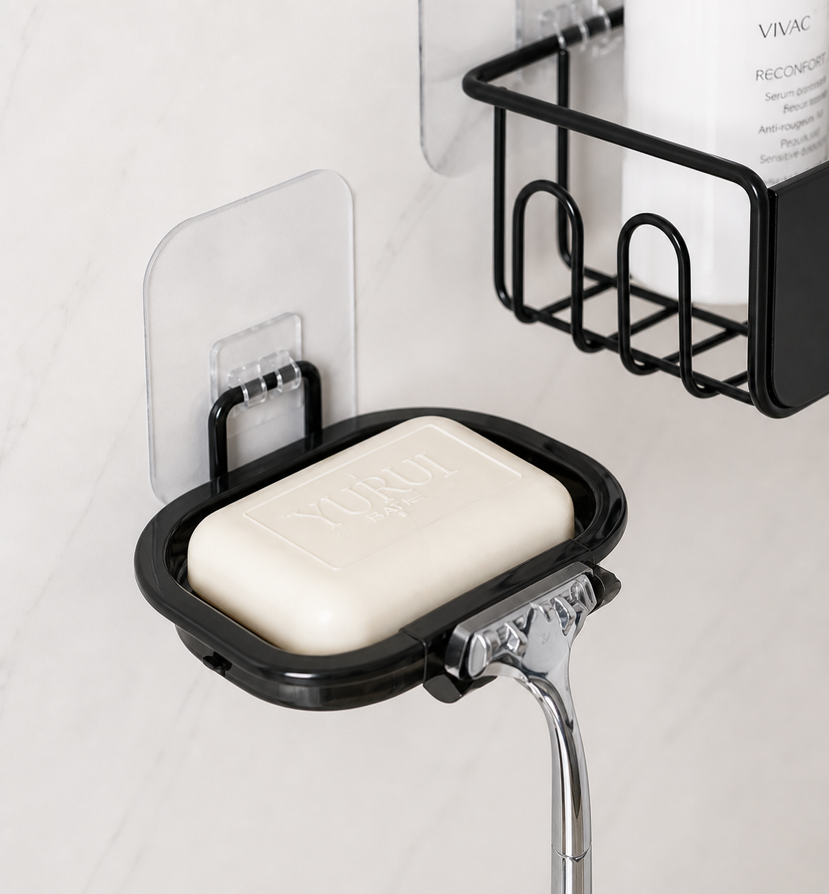 2 level Corner Bathroom Shelf Organizer with Soap Holder | No Drill Adhesive Wall Mount Storage Rack | Space Saving Metal Shower Shelf