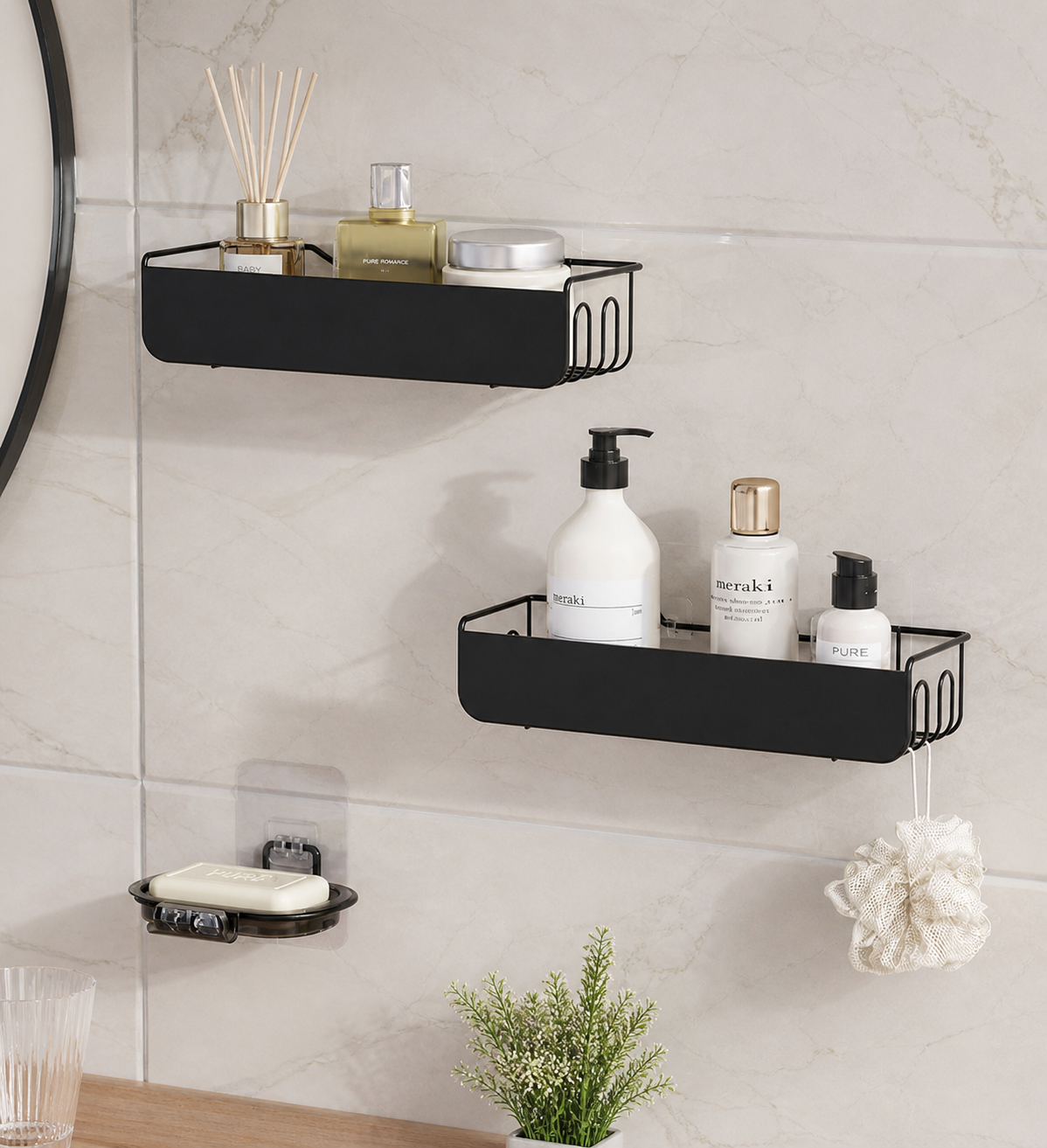 Wall Mounted Bathroom Shelf with Soap Holder | No Drill Adhesive Storage Rack | Rustproof Metal Organizer for Shampoo & Accessories