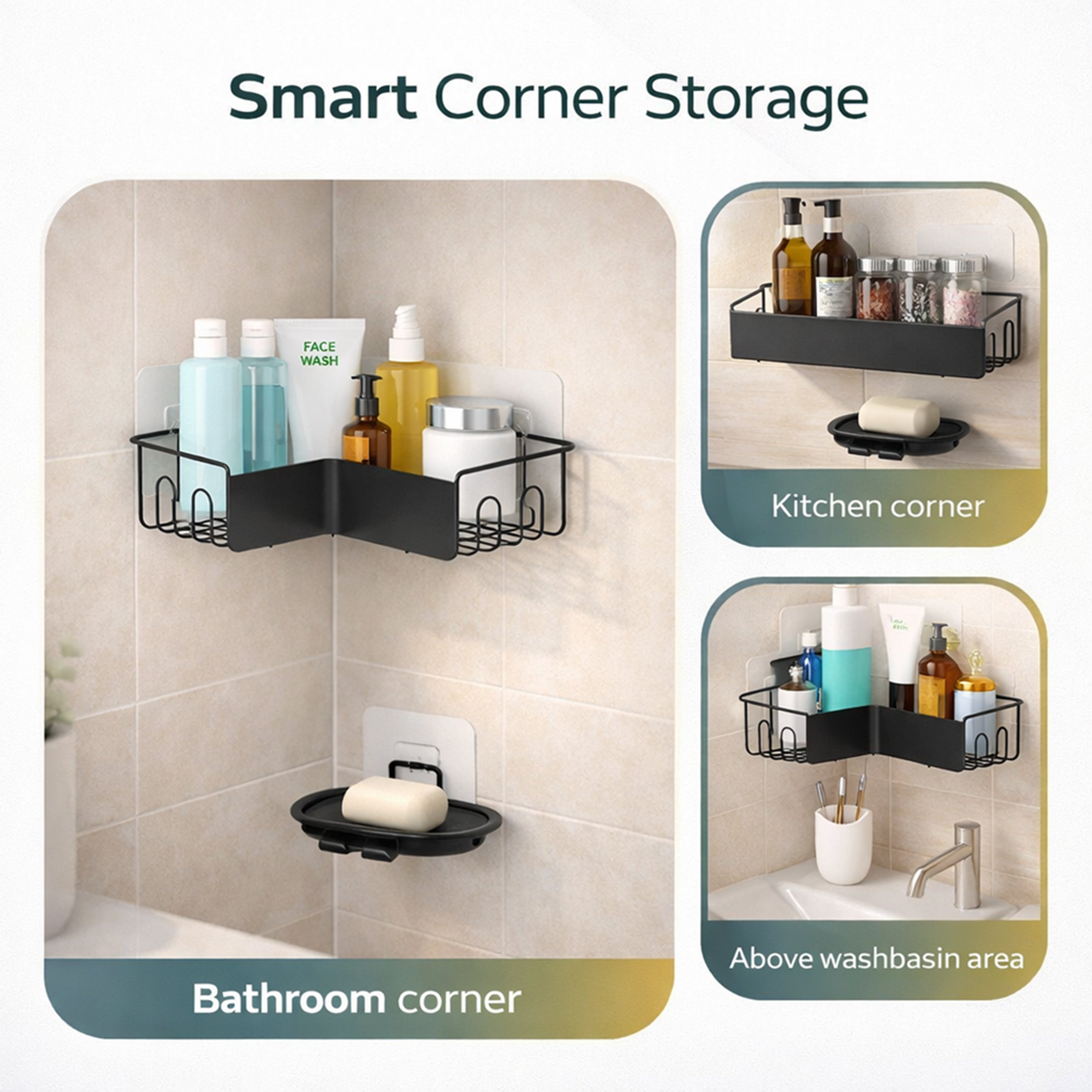 Corner Wall Mounted Storage Rack with Adhesive | Bathroom Organizer Shelf No Drill | Rustproof Waterproof Kitchen & Bath Holder